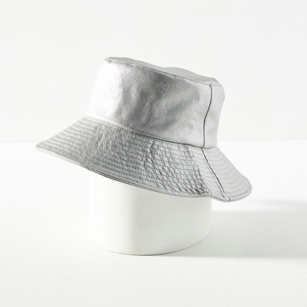 Anthropologie Faux Leather Bucket Hat - Silver